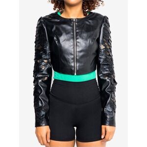AZALEA WANG Cropped Faux Leather Jacket Size XL Black Metallic Dragon Scales